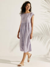 Linen Gingham Checked Cap Sleeve Washed Maxi Dress - DRESSES-Linen