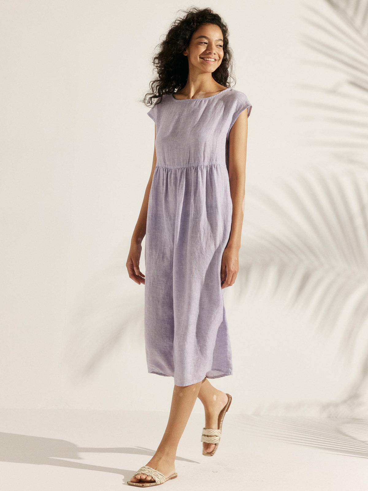 Linen Gingham Checked Cap Sleeve Washed Maxi Dress - DRESSES-Linen