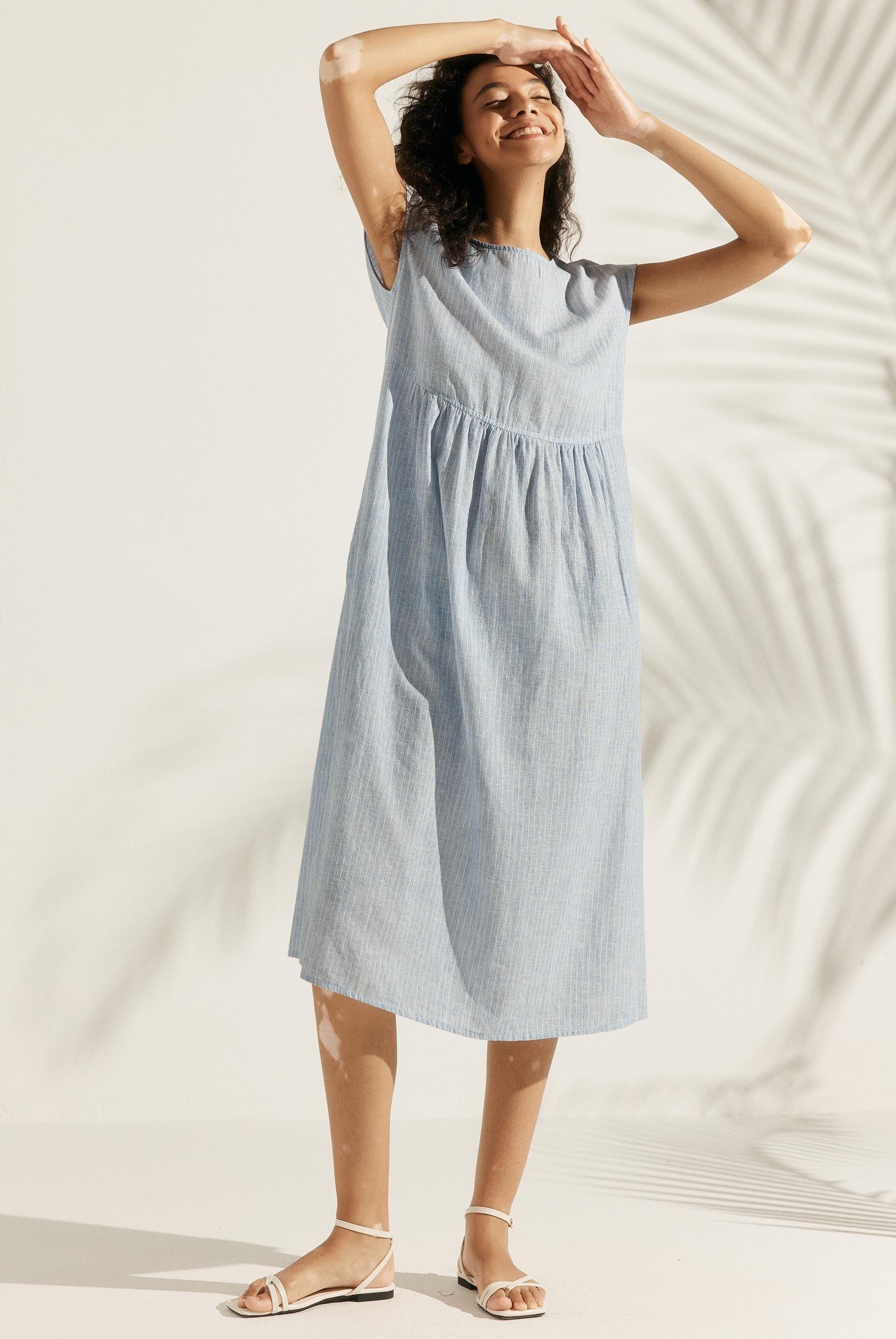 JOAN 100% Linen Cap Sleeve Washed Maxi Dress - DRESSES-Linen