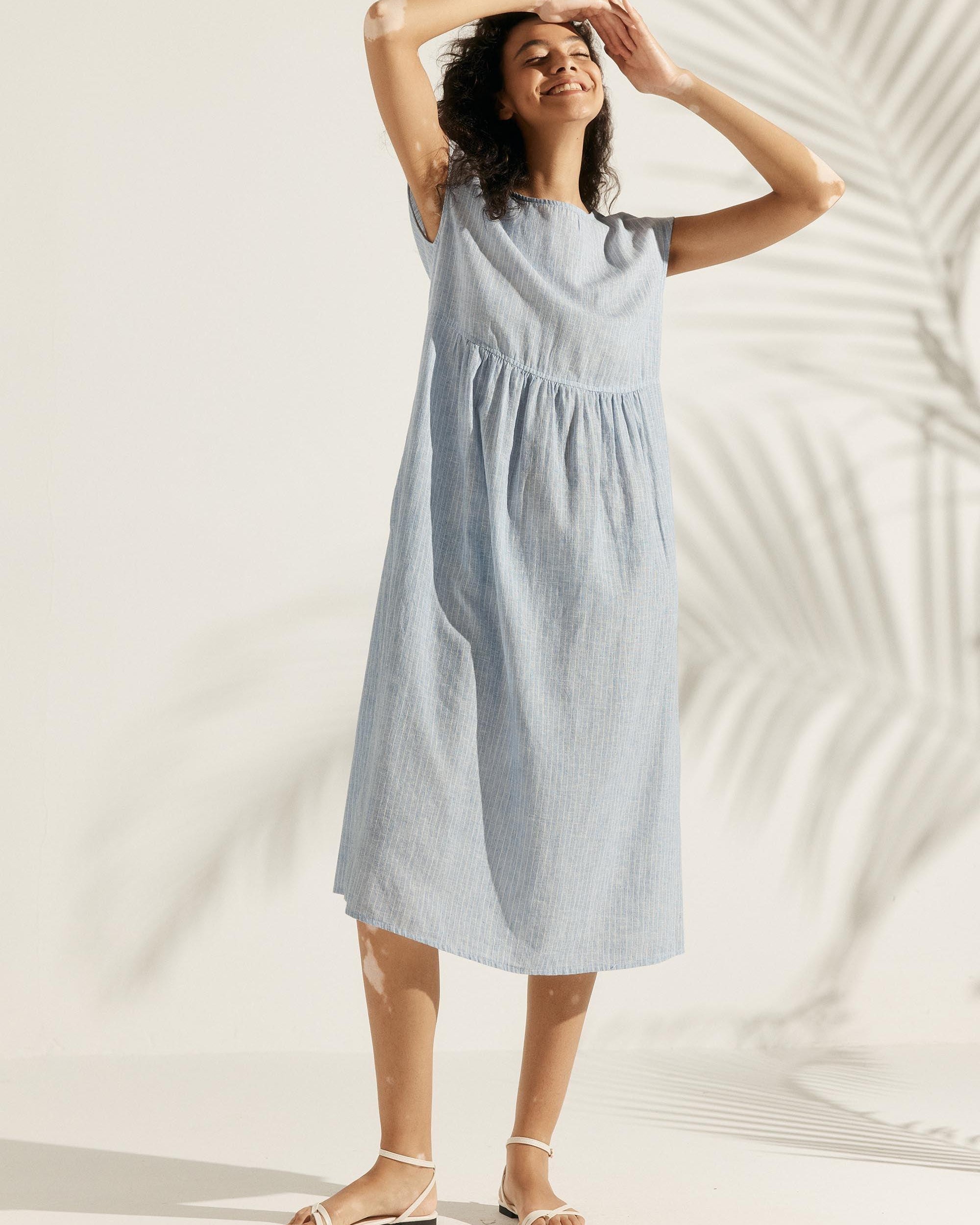 100% Linen Cap Sleeve Washed Maxi Dress JOAN - DRESSES-Linen