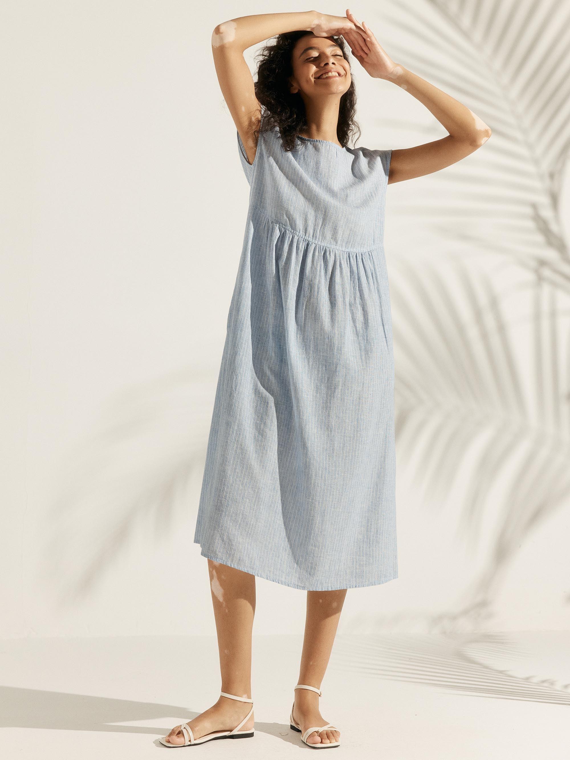 Linen Striped Cap Sleeve Washed Maxi Dress - DRESSES-Linen