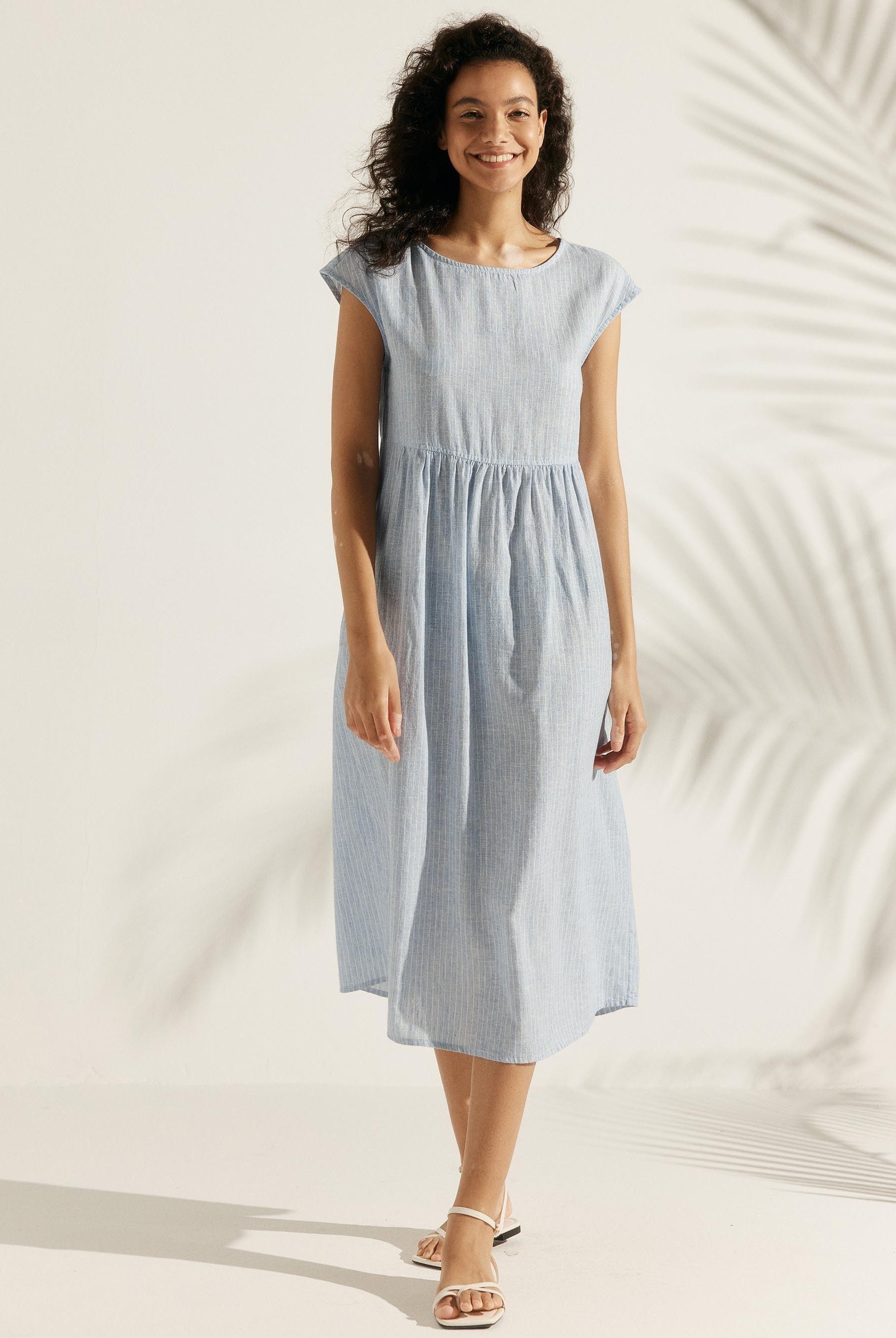 100% Linen Cap Sleeve Washed Maxi Dress JOAN - Small Ice Blue Strip / XS - DRESSES-Linen