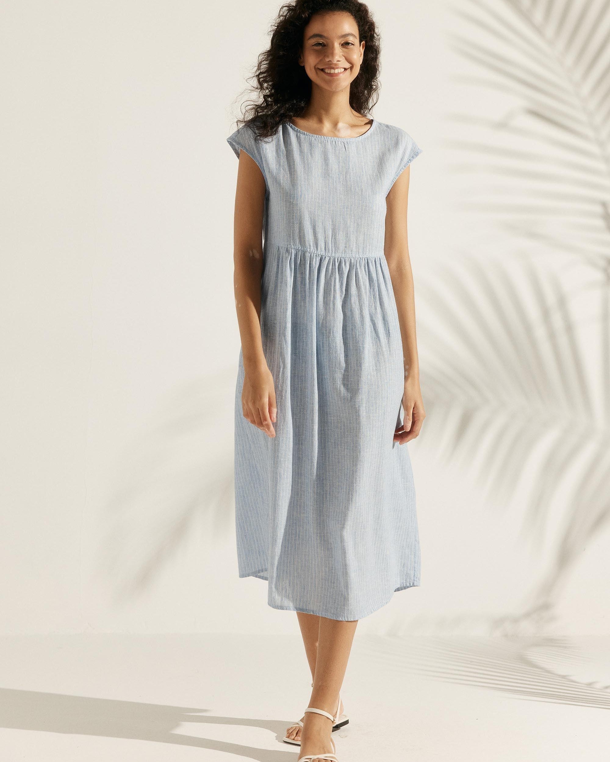 Linen Striped Cap Sleeve Washed Maxi Dress - DRESSES-Linen
