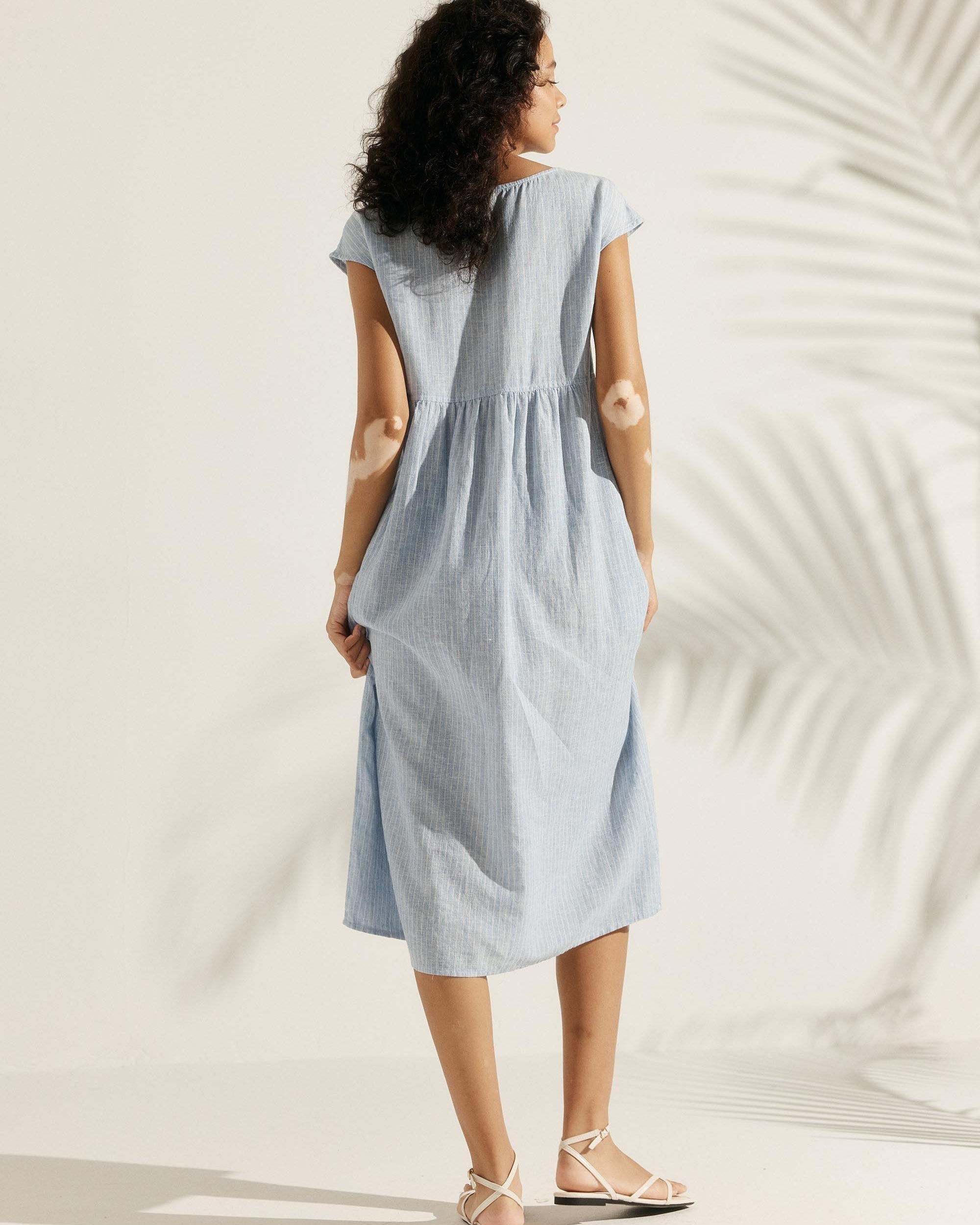 Linen Striped Cap Sleeve Washed Maxi Dress - DRESSES-Linen