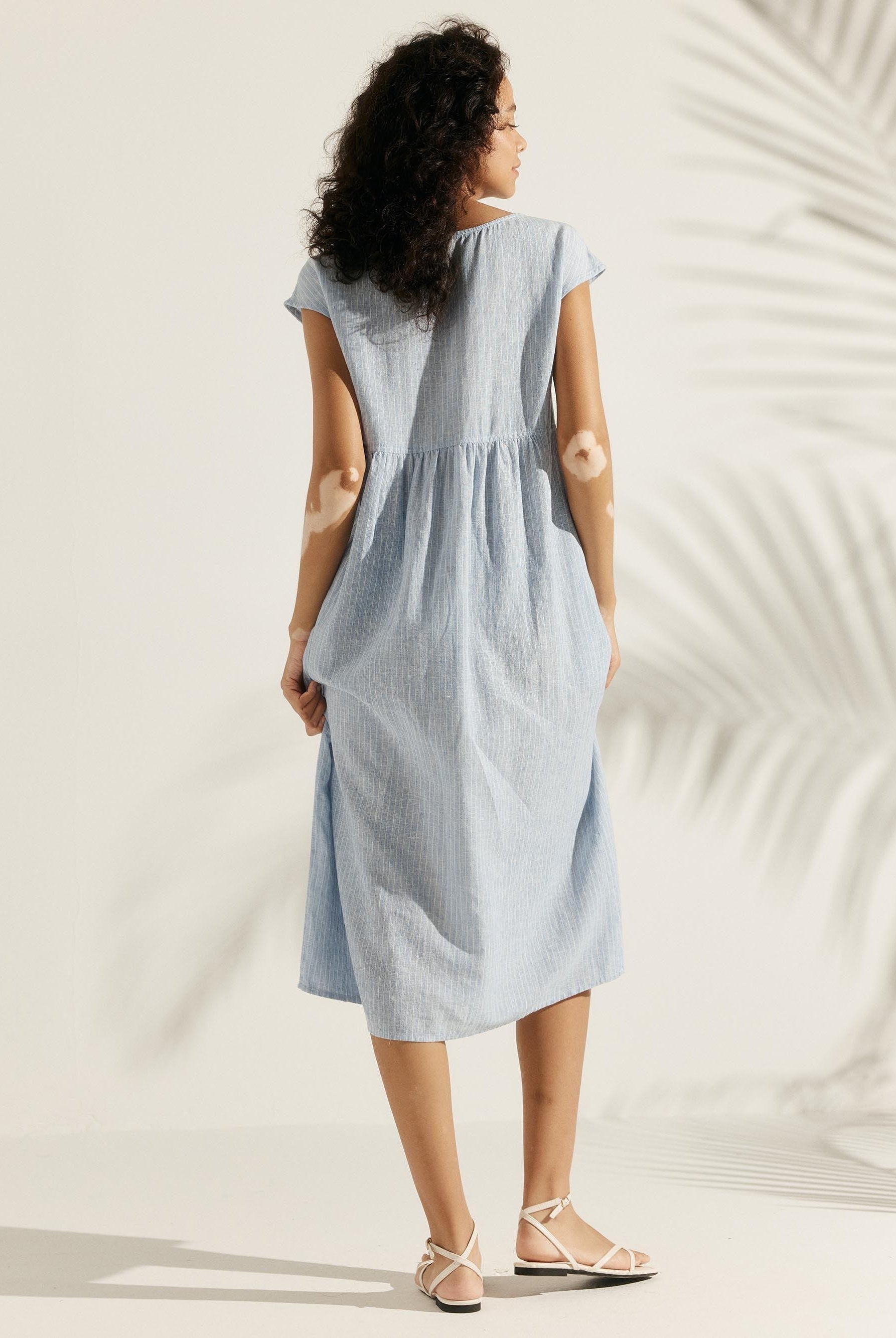Linen Striped Cap Sleeve Washed Maxi Dress - DRESSES-Linen