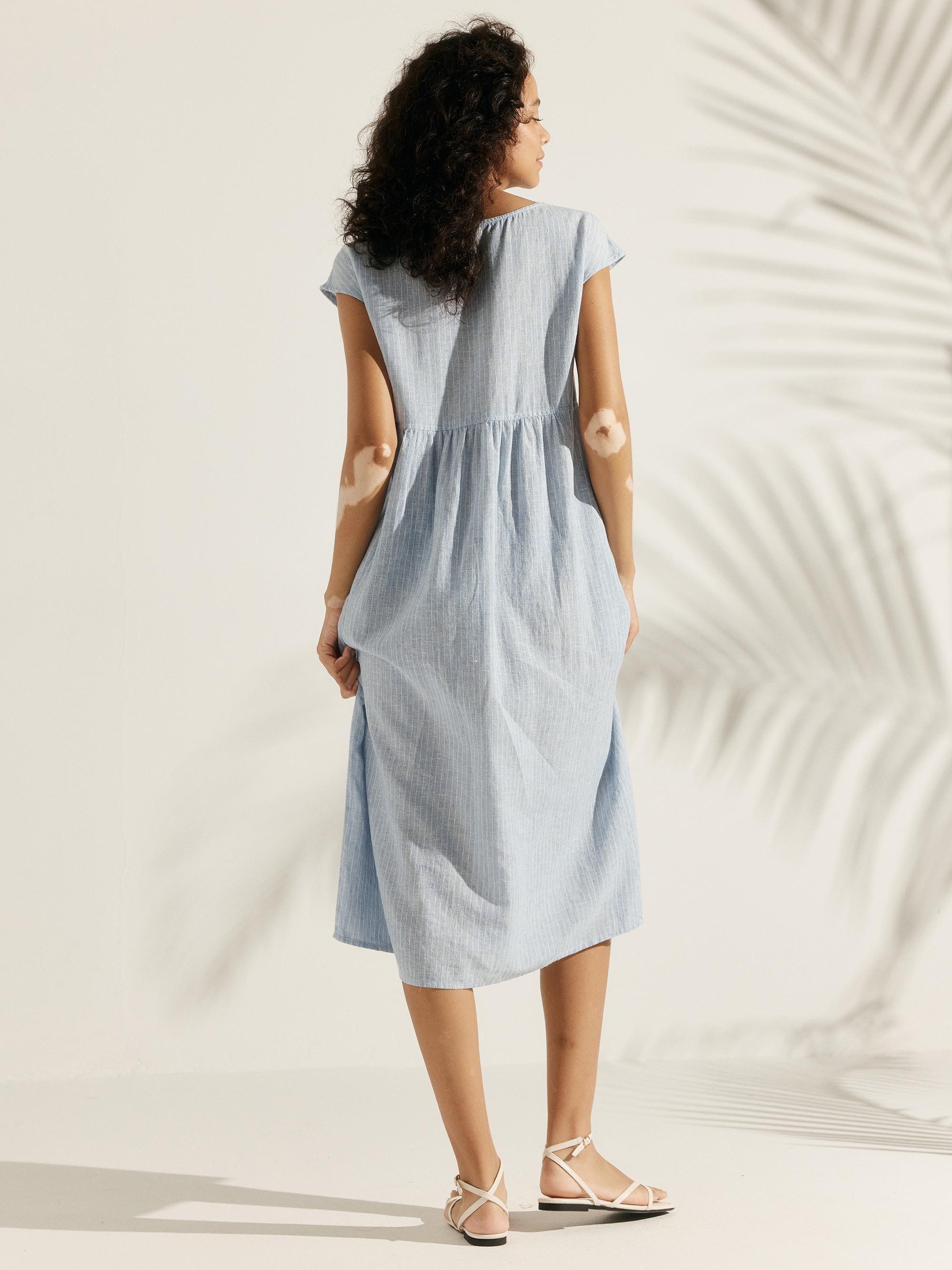 Linen Striped Cap Sleeve Washed Maxi Dress - DRESSES-Linen