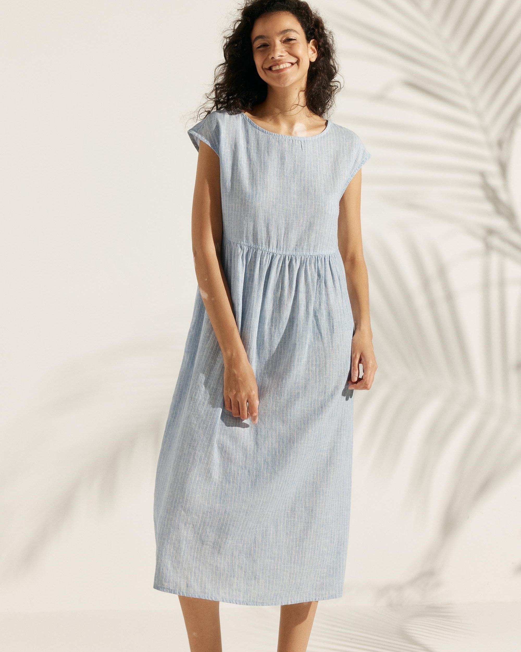 Linen Striped Cap Sleeve Washed Maxi Dress - DRESSES-Linen