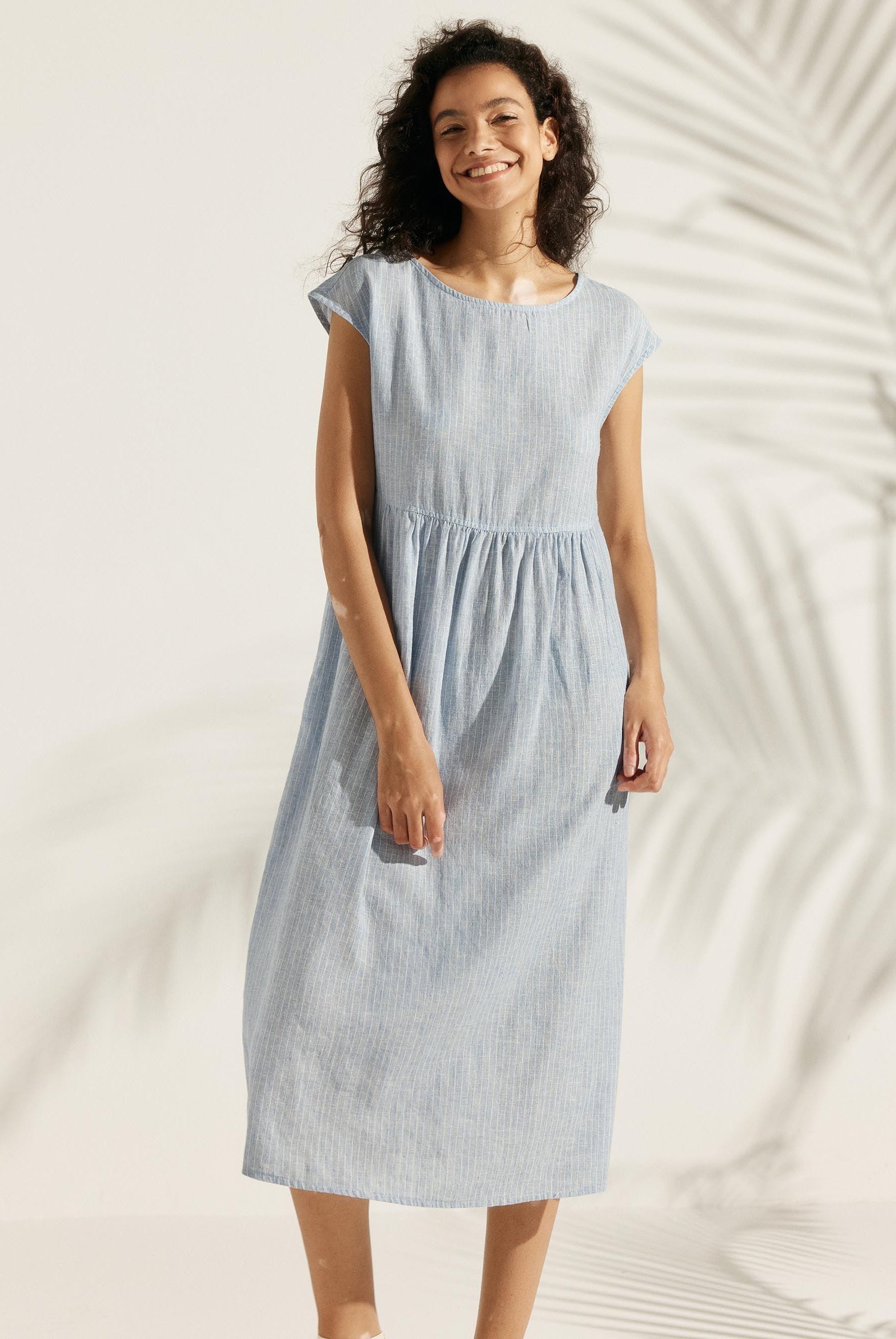 Linen Striped Cap Sleeve Washed Maxi Dress - DRESSES-Linen