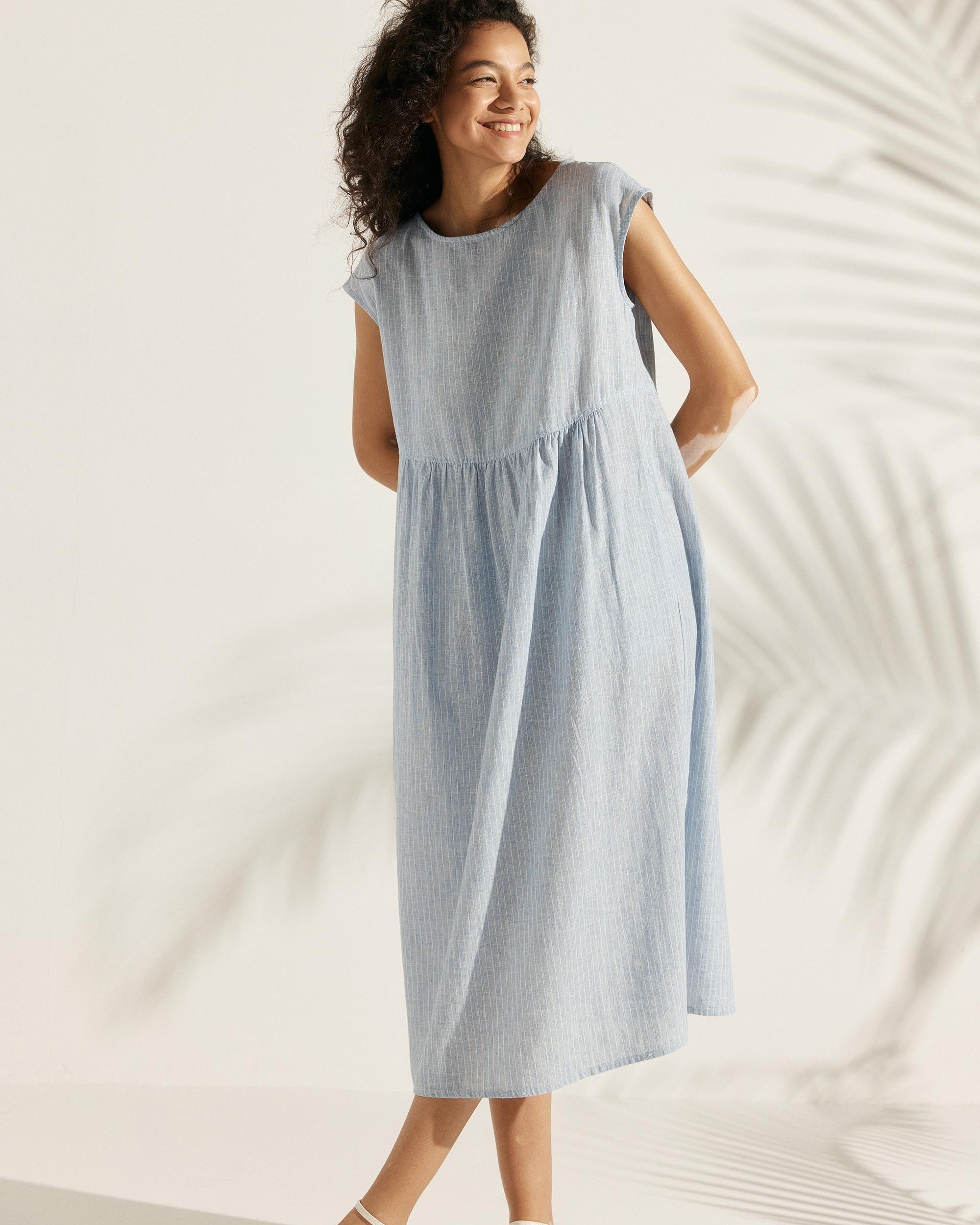 Linen Striped Cap Sleeve Washed Maxi Dress - Small Ice Blue Stripe / S - DRESSES-Linen