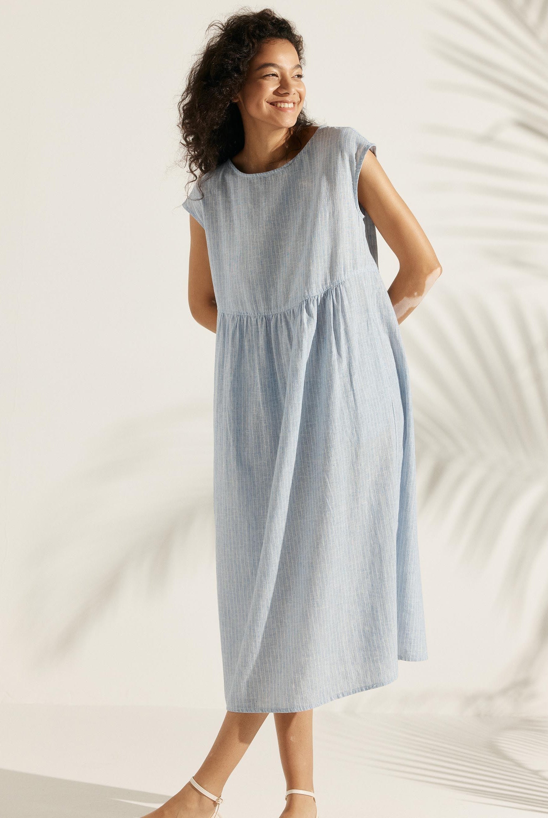 Linen Striped Cap Sleeve Washed Maxi Dress - Small Ice Blue Stripe / S - DRESSES-Linen