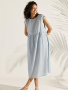 Linen Striped Cap Sleeve Washed Maxi Dress - Small Ice Blue Stripe / S - DRESSES-Linen
