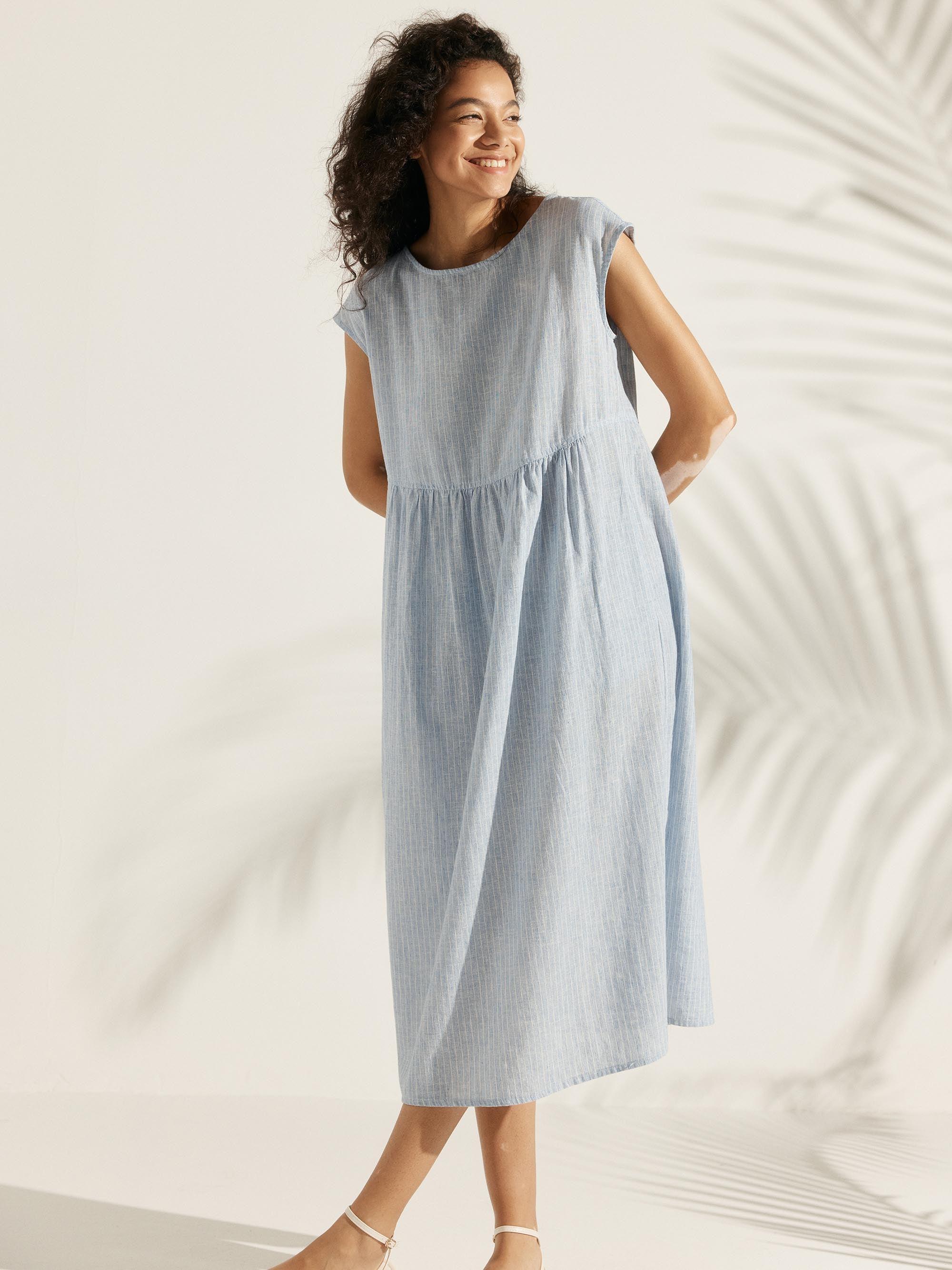 Linen Striped Cap Sleeve Washed Maxi Dress - Small Ice Blue Stripe / S - DRESSES-Linen