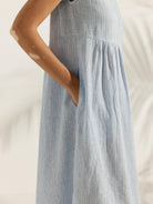Linen Striped Cap Sleeve Washed Maxi Dress - DRESSES-Linen