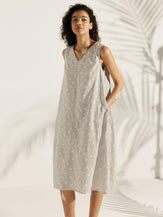 Linen V-Neck Loose Polka Dot Vest Dress - Dots / S - DRESSES-Linen Midi