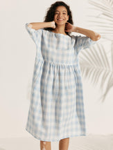 Linen Checked A-Line Midi Dress - DRESSES-Linen