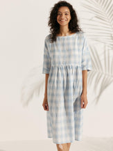 Linen Checked A-Line Midi Dress - DRESSES-Linen