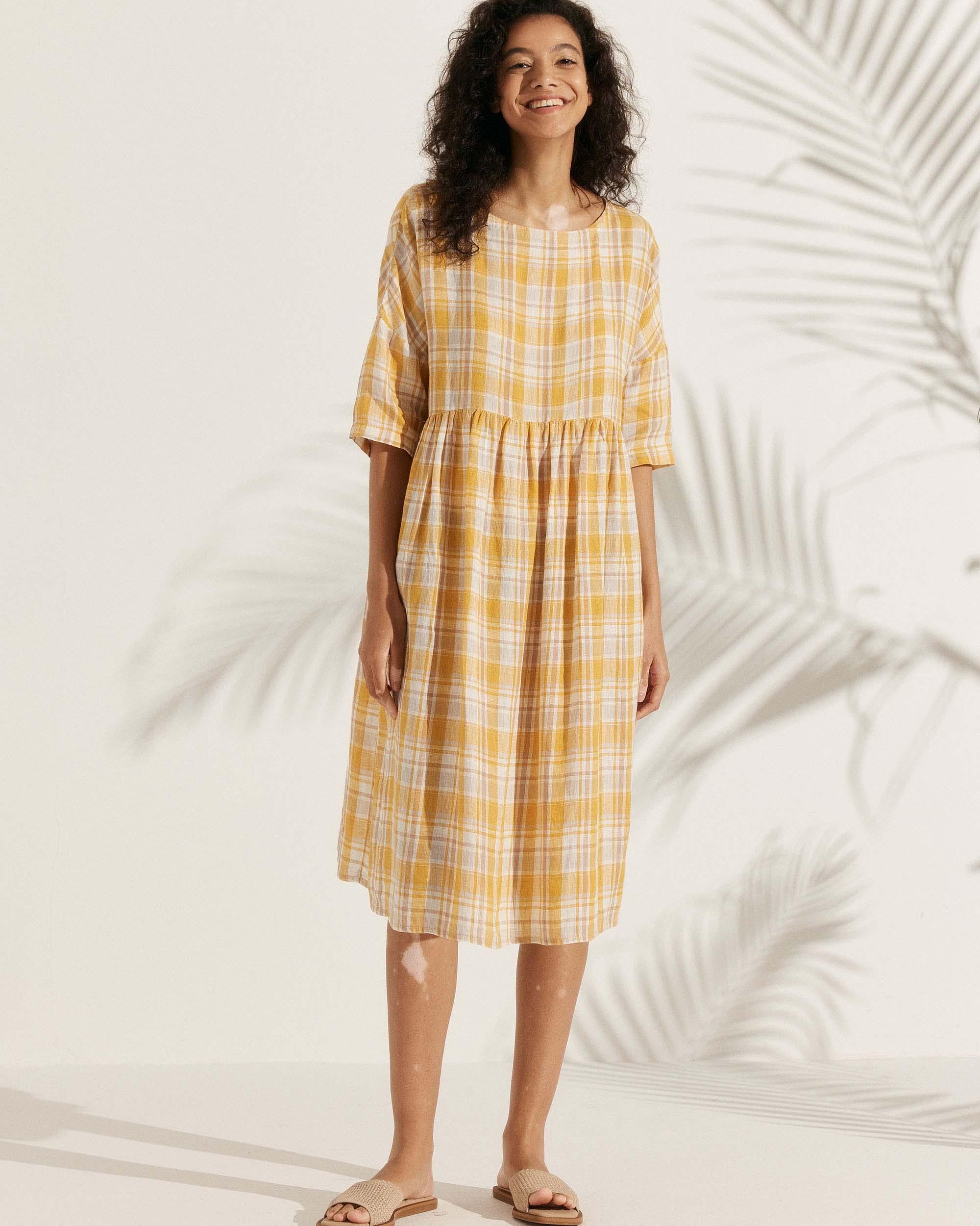 100% Linen A-Line Midi Dress VALENCIA - Honey Check / S - DRESSES-Linen