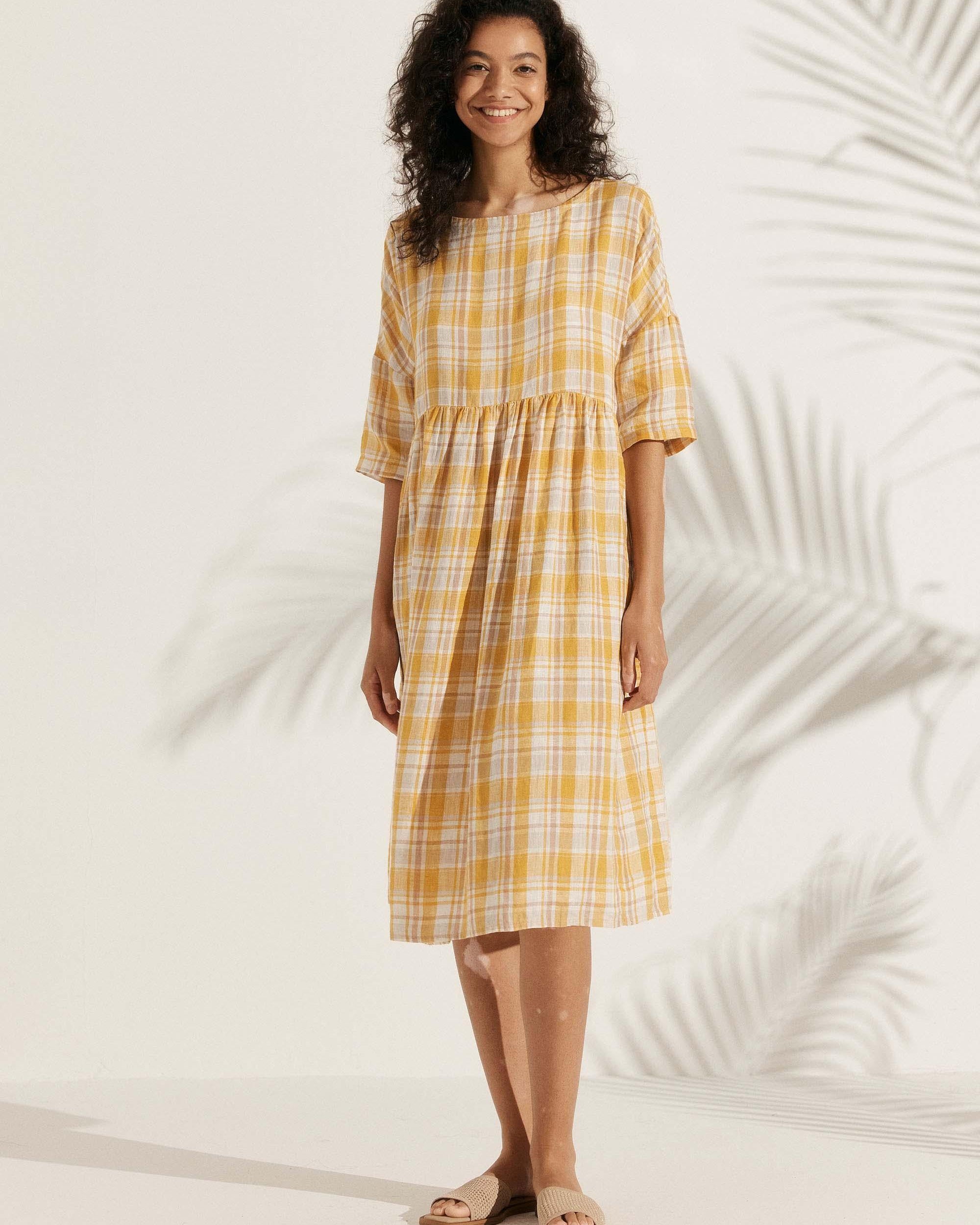 100% Linen A-Line Midi Dress VALENCIA - DRESSES-Linen