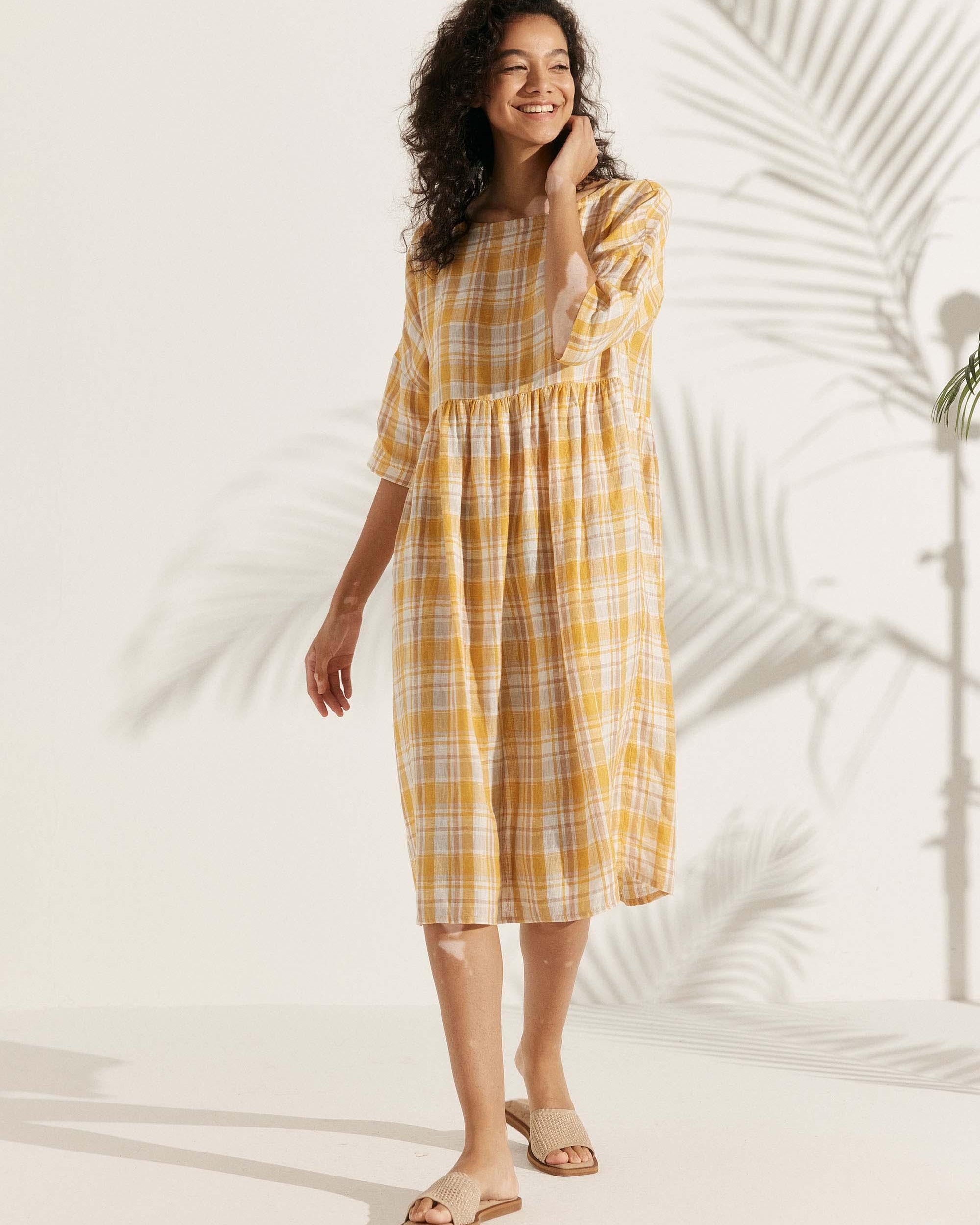 100% Linen A-Line Midi Dress VALENCIA - DRESSES-Linen