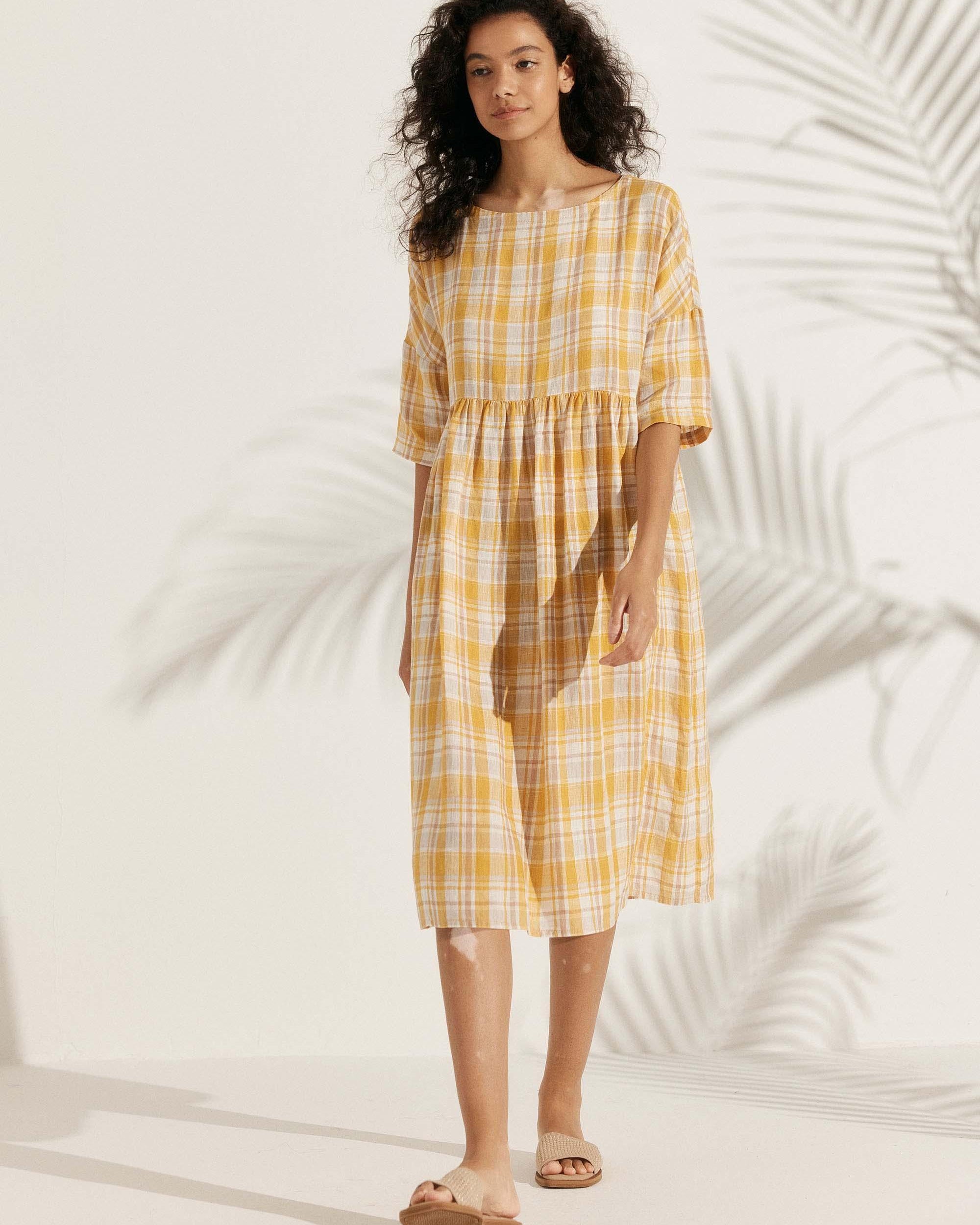 100% Linen A-Line Midi Dress VALENCIA - DRESSES-Linen
