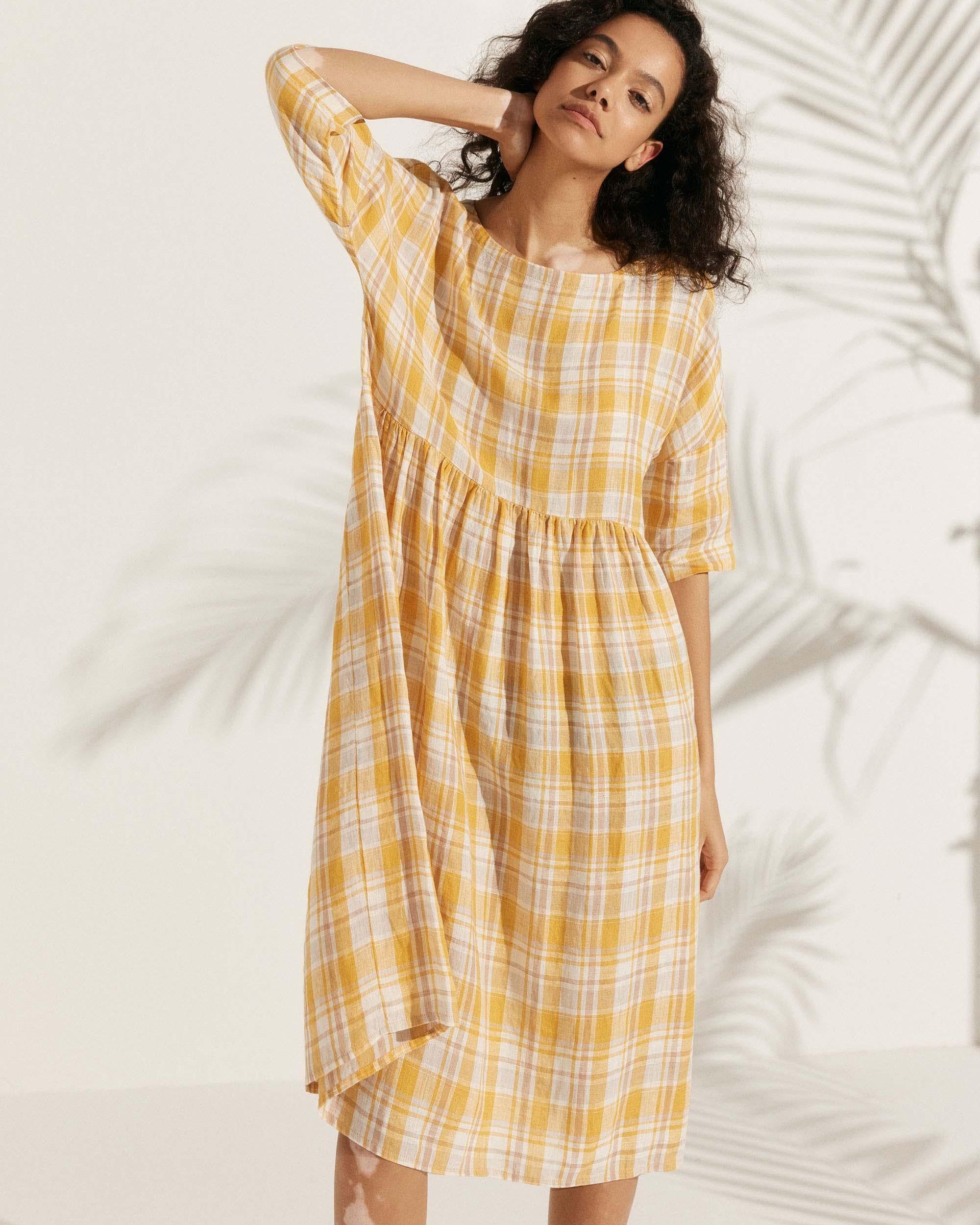 100% Linen A-Line Midi Dress VALENCIA - DRESSES-Linen