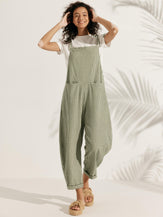 Linen Checked Square Neck Jumpsuit - BOTTOMS-Linen Pants