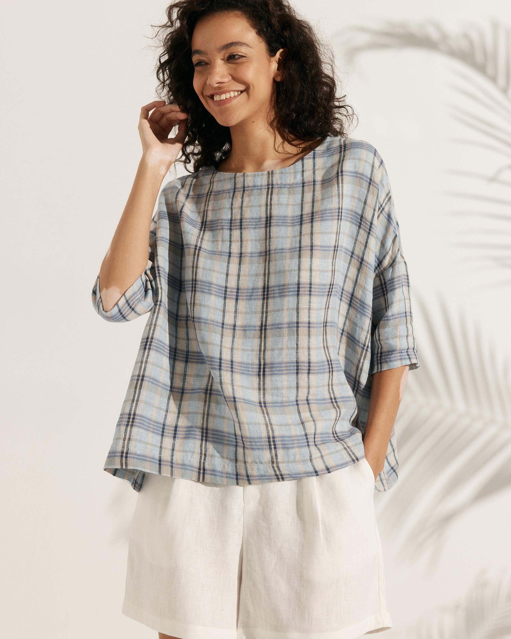 100% Linen Gingham Checked Boatneck 3/4 Length Sleeve Top - Sandy Sky / S - TOPS-Linen Blouses