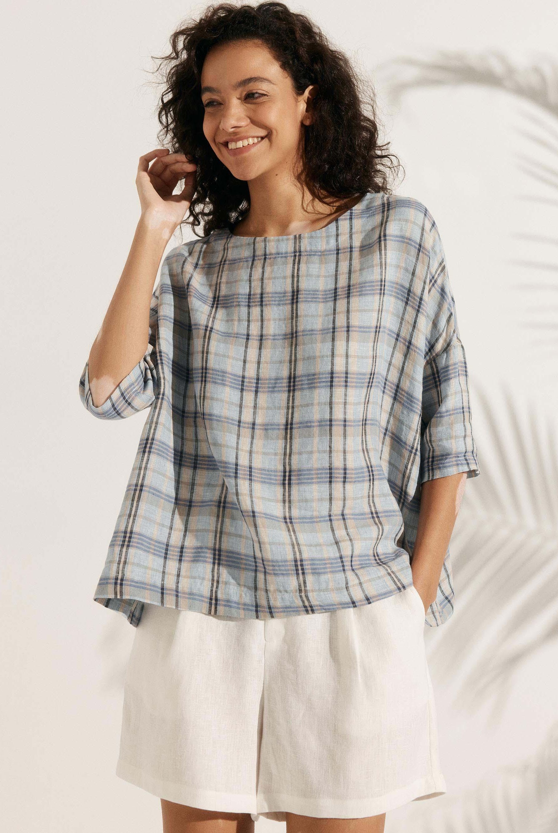 100% Linen Gingham Checked Boatneck 3/4 Length Sleeve Top - Sandy Sky / S - TOPS-Linen Blouses