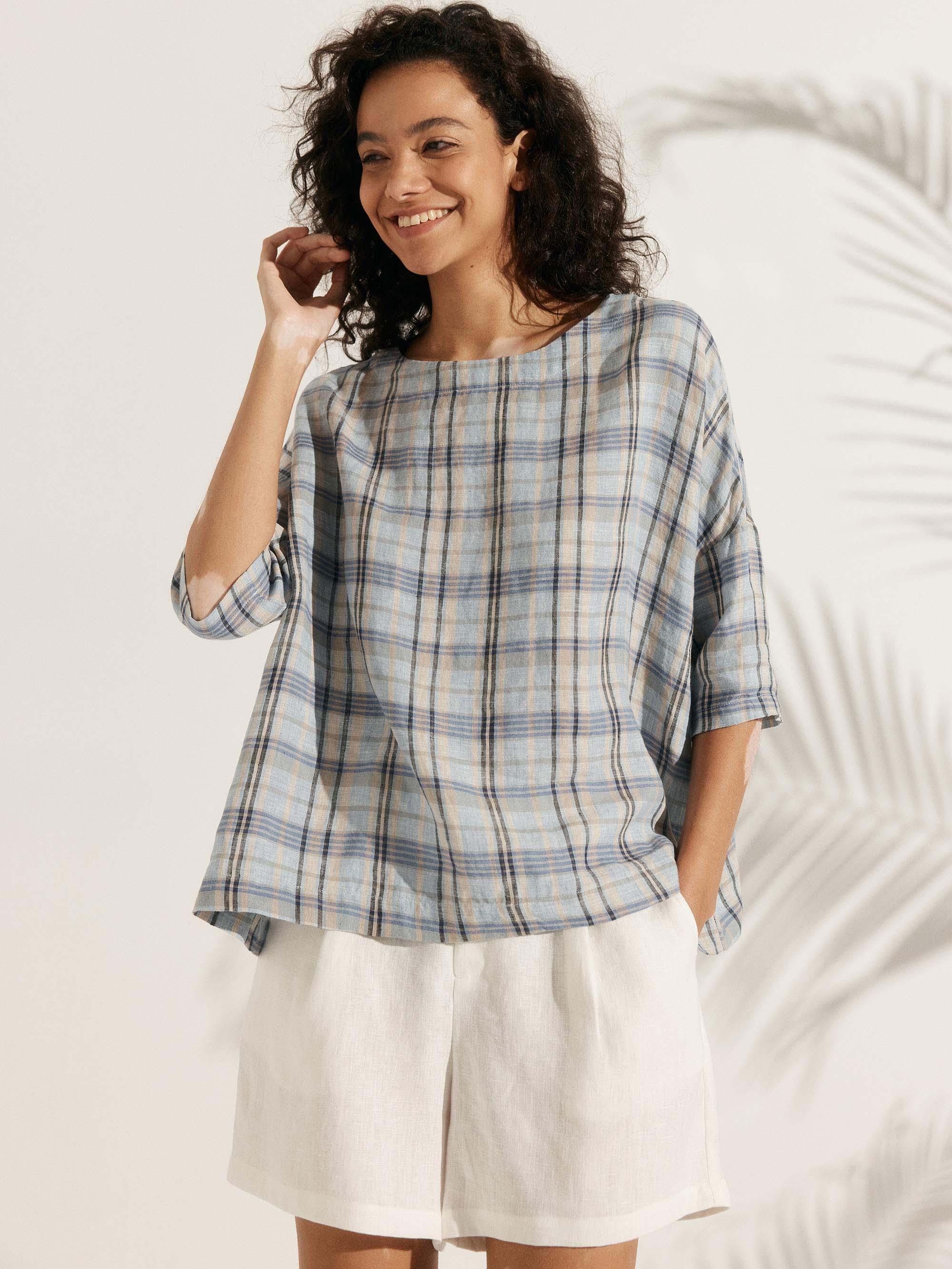 100% Linen Gingham Checked Boatneck 3/4 Length Sleeve Top - Sandy Sky / S - TOPS-Linen Blouses