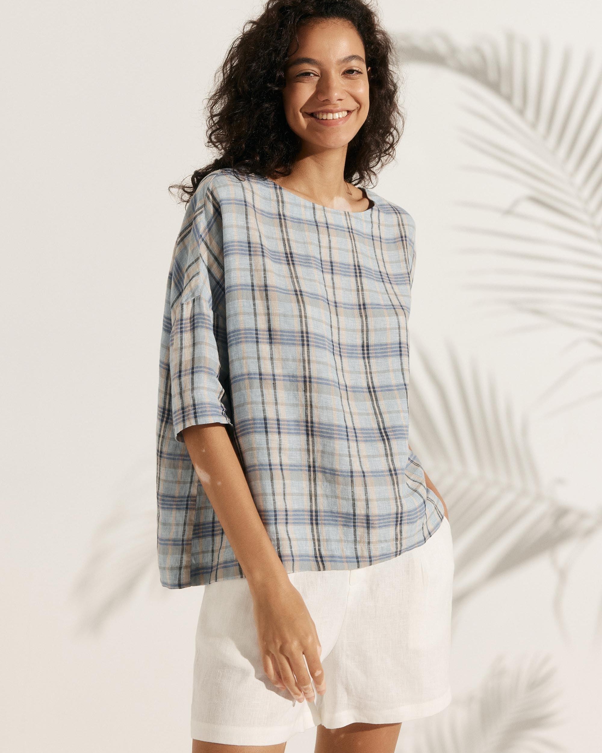 100% Linen Gingham Checked Boatneck 3/4 Length Sleeve Top - TOPS-Linen Blouses