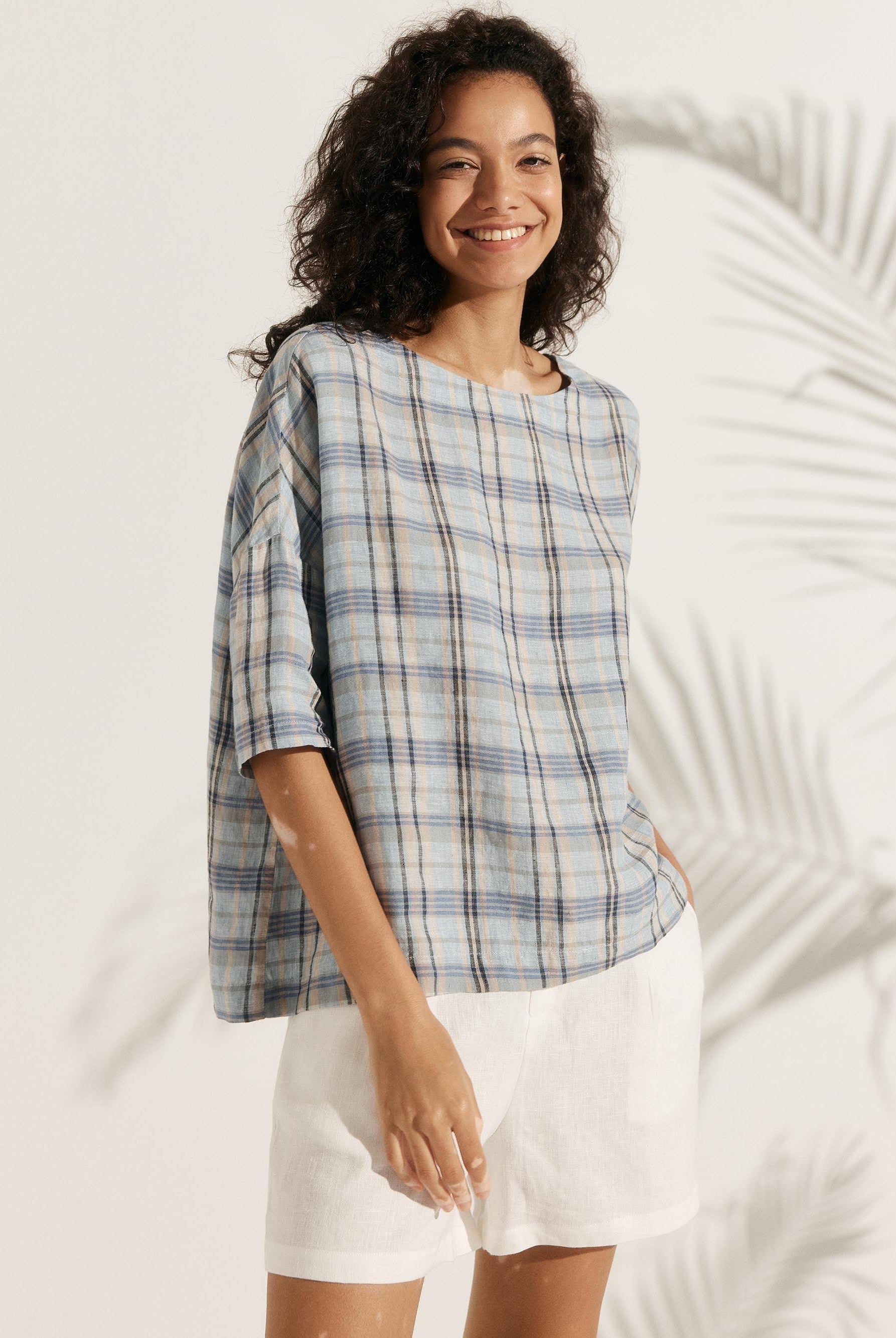 100% Linen Gingham Checked Boatneck 3/4 Length Sleeve Top - TOPS-Linen Blouses