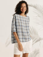 100% Linen Gingham Checked Boatneck 3/4 Length Sleeve Top - TOPS-Linen Blouses