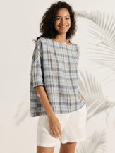 100% Linen Gingham Checked Boatneck 3/4 Length Sleeve Top - TOPS-Linen Blouses