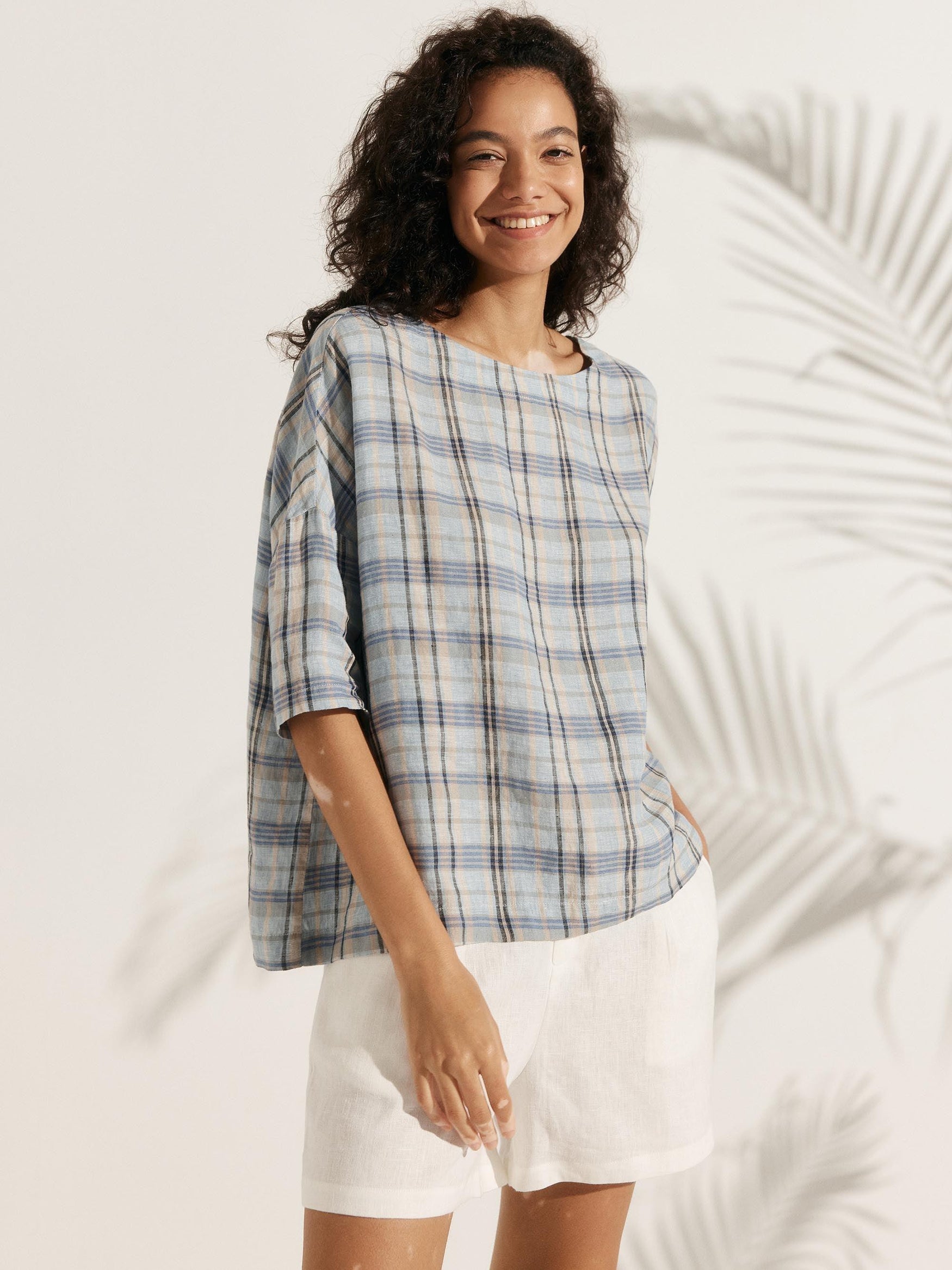 100% Linen Gingham Checked Boatneck 3/4 Length Sleeve Top - TOPS-Linen Blouses