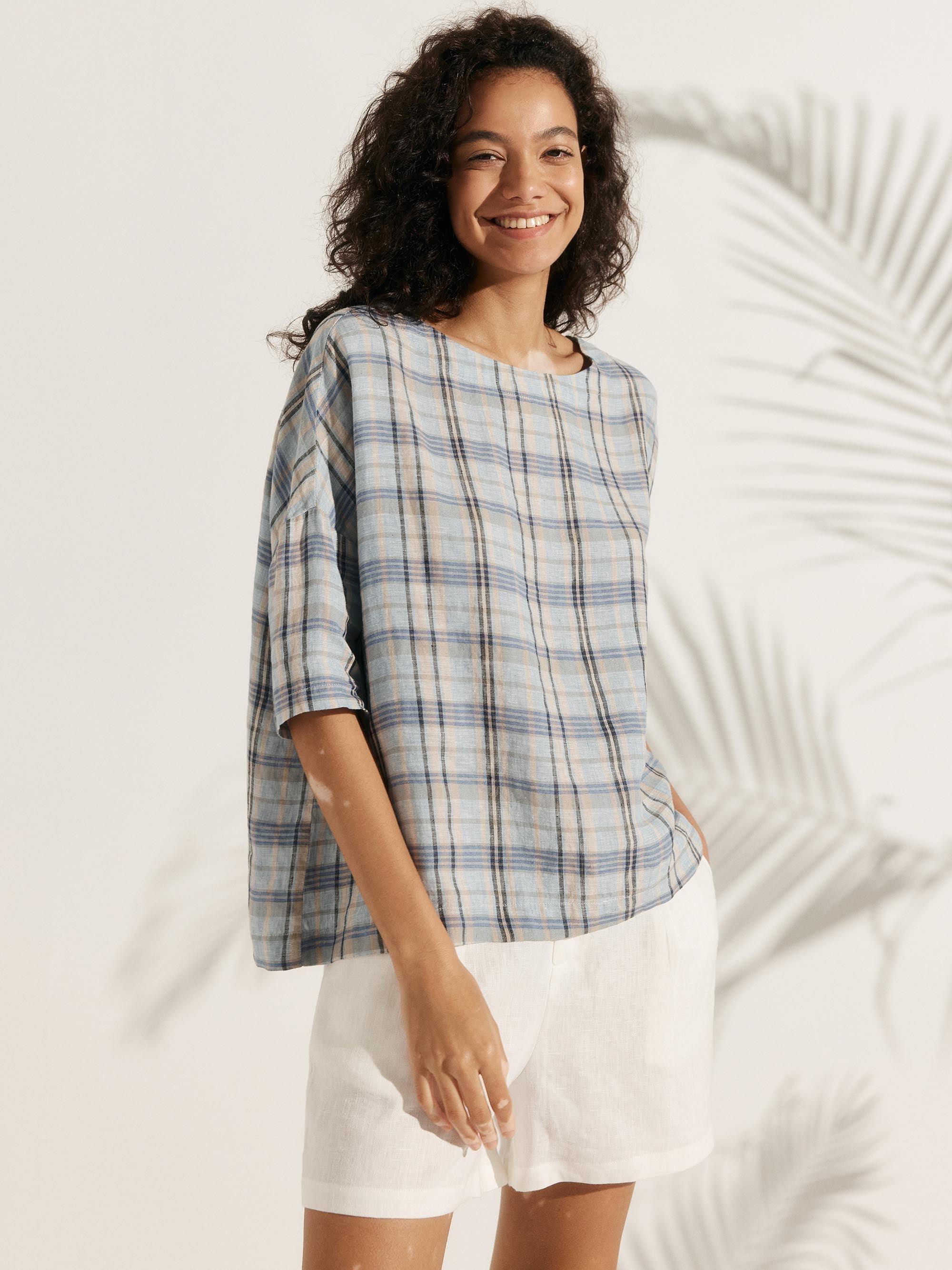 100% Linen Gingham Checked Boatneck 3/4 Length Sleeve Top - TOPS-Linen Blouses