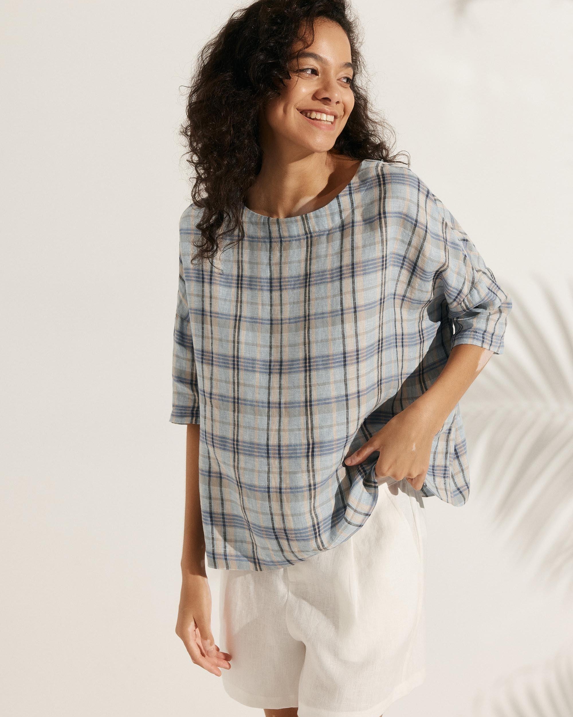 100% Linen Gingham Checked Boatneck 3/4 Length Sleeve Top - TOPS-Linen Blouses