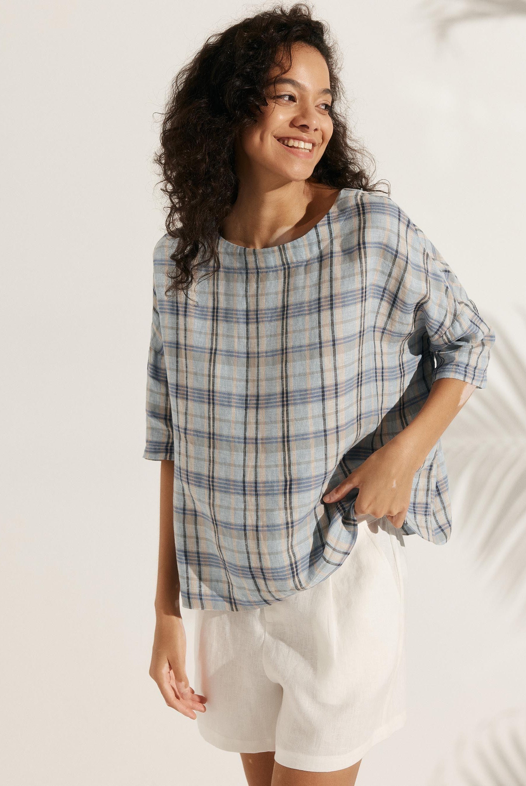 100% Linen Gingham Checked Boatneck 3/4 Length Sleeve Top - TOPS-Linen Blouses