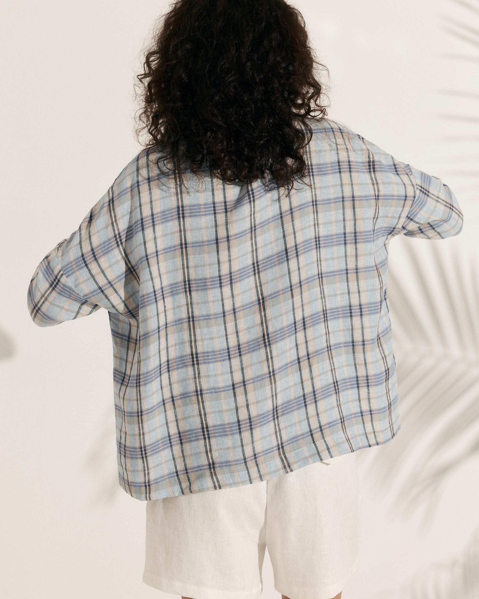 100% Linen Gingham Checked Boatneck 3/4 Length Sleeve Top - TOPS-Linen Blouses