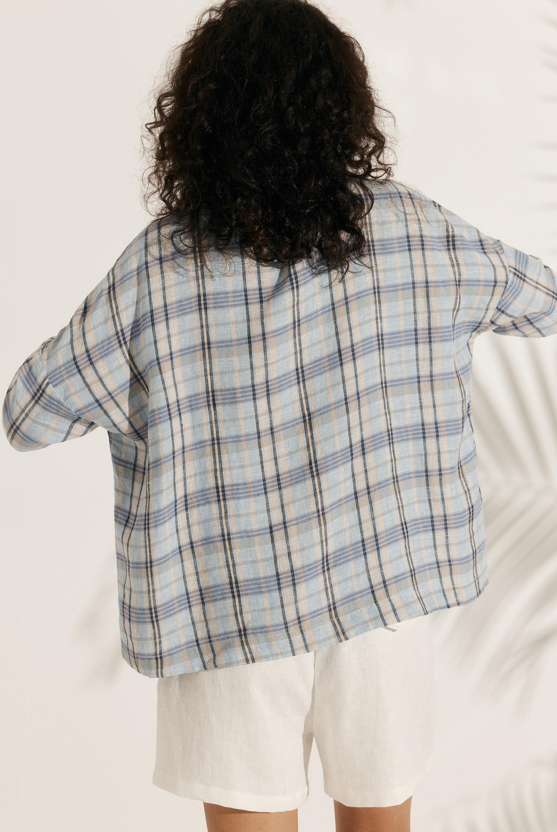 100% Linen Gingham Checked Boatneck 3/4 Length Sleeve Top - TOPS-Linen Blouses