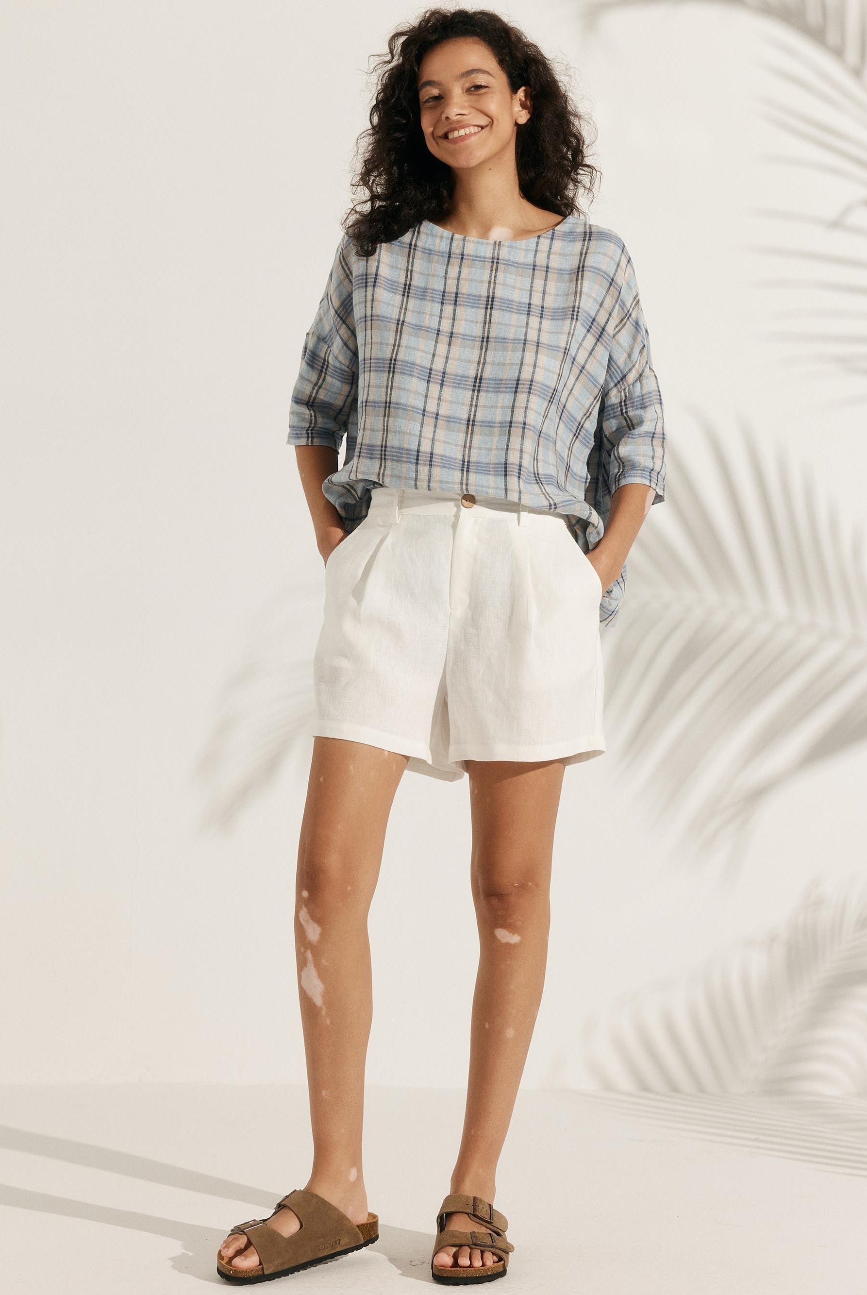 100% Linen Gingham Checked Boatneck 3/4 Length Sleeve Top - TOPS-Linen Blouses