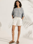 100% Linen Gingham Checked Boatneck 3/4 Length Sleeve Top - TOPS-Linen Blouses