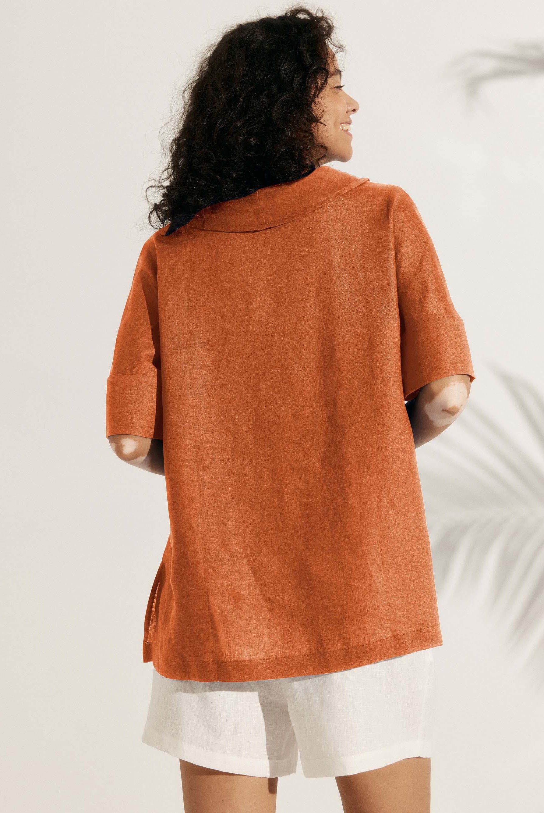 Linen V Neck Short Sleeve Shirt - TOPS-Linen Blouses