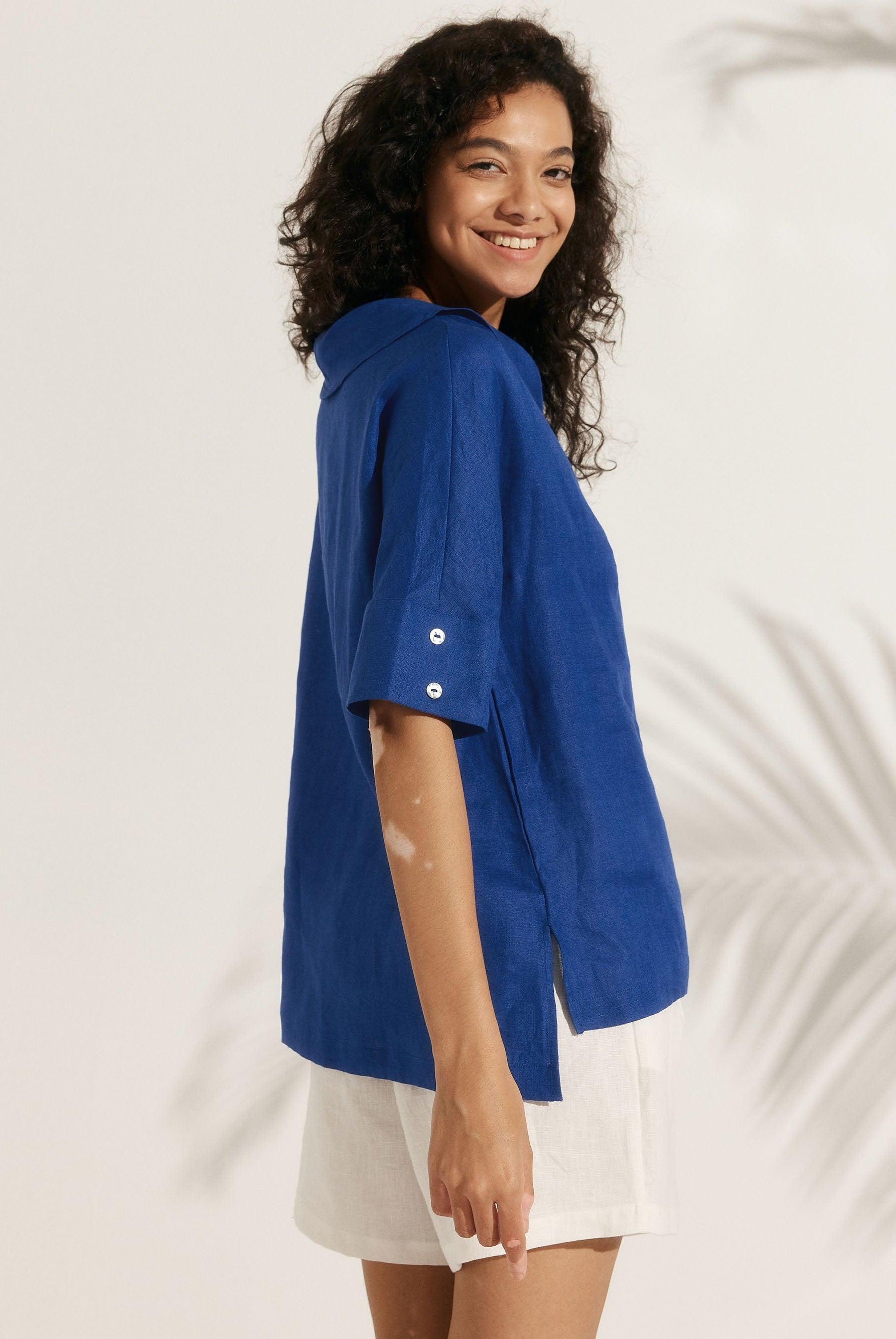 Linen V Neck Short Sleeve Shirt - TOPS-Linen Blouses