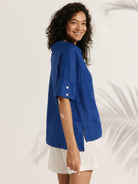 Linen V Neck Short Sleeve Shirt - TOPS-Linen Blouses