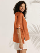 Linen V Neck Short Sleeve Shirt - TOPS-Linen Blouses
