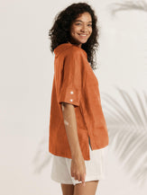 Linen V Neck Short Sleeve Shirt - TOPS-Linen Blouses