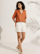 Linen V Neck Short Sleeve Shirt - TOPS-Linen Blouses