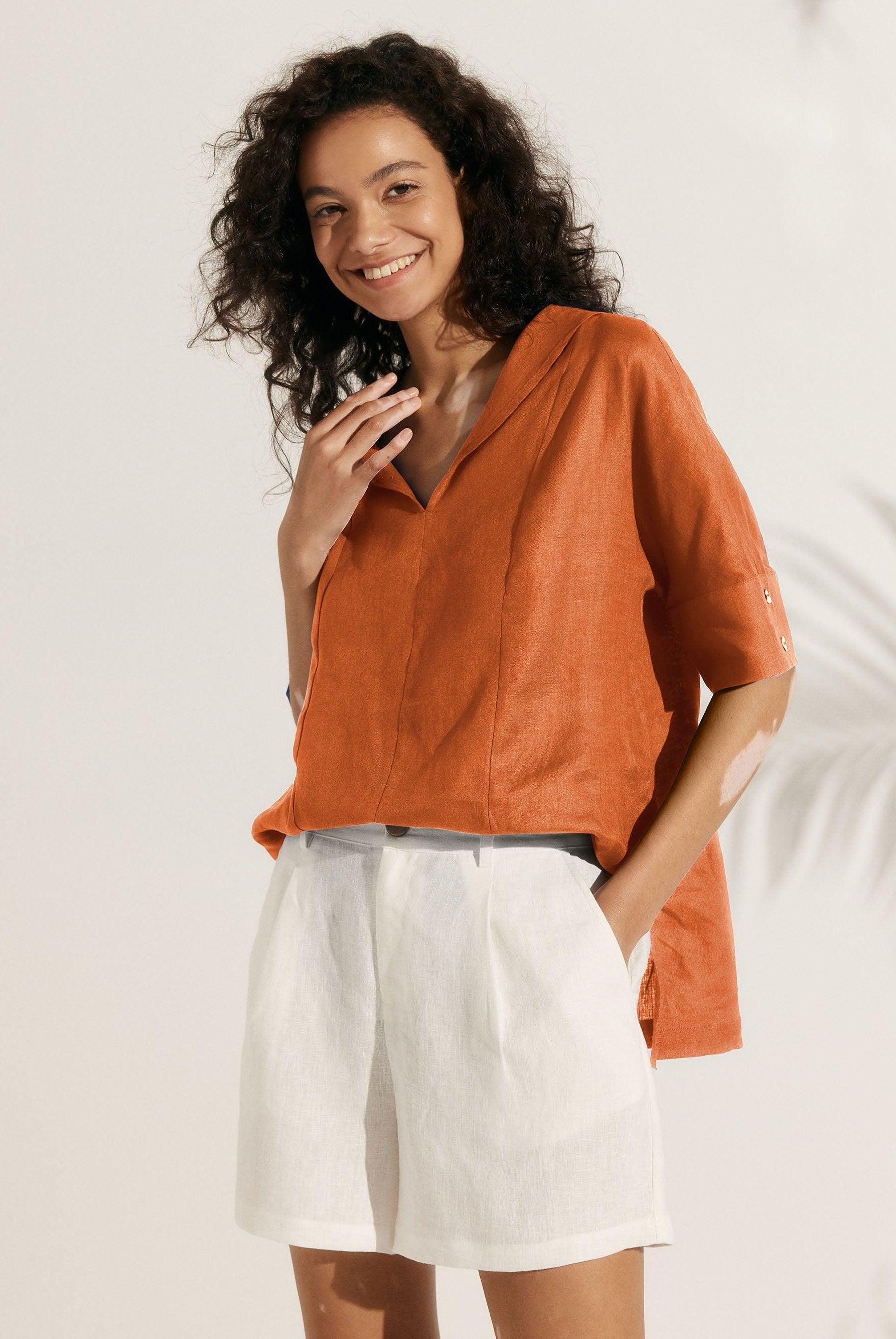 Linen V Neck Short Sleeve Shirt - Sun Orange / S - TOPS-Linen Blouses