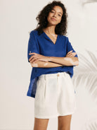 Linen V Neck Short Sleeve Shirt - TOPS-Linen Blouses