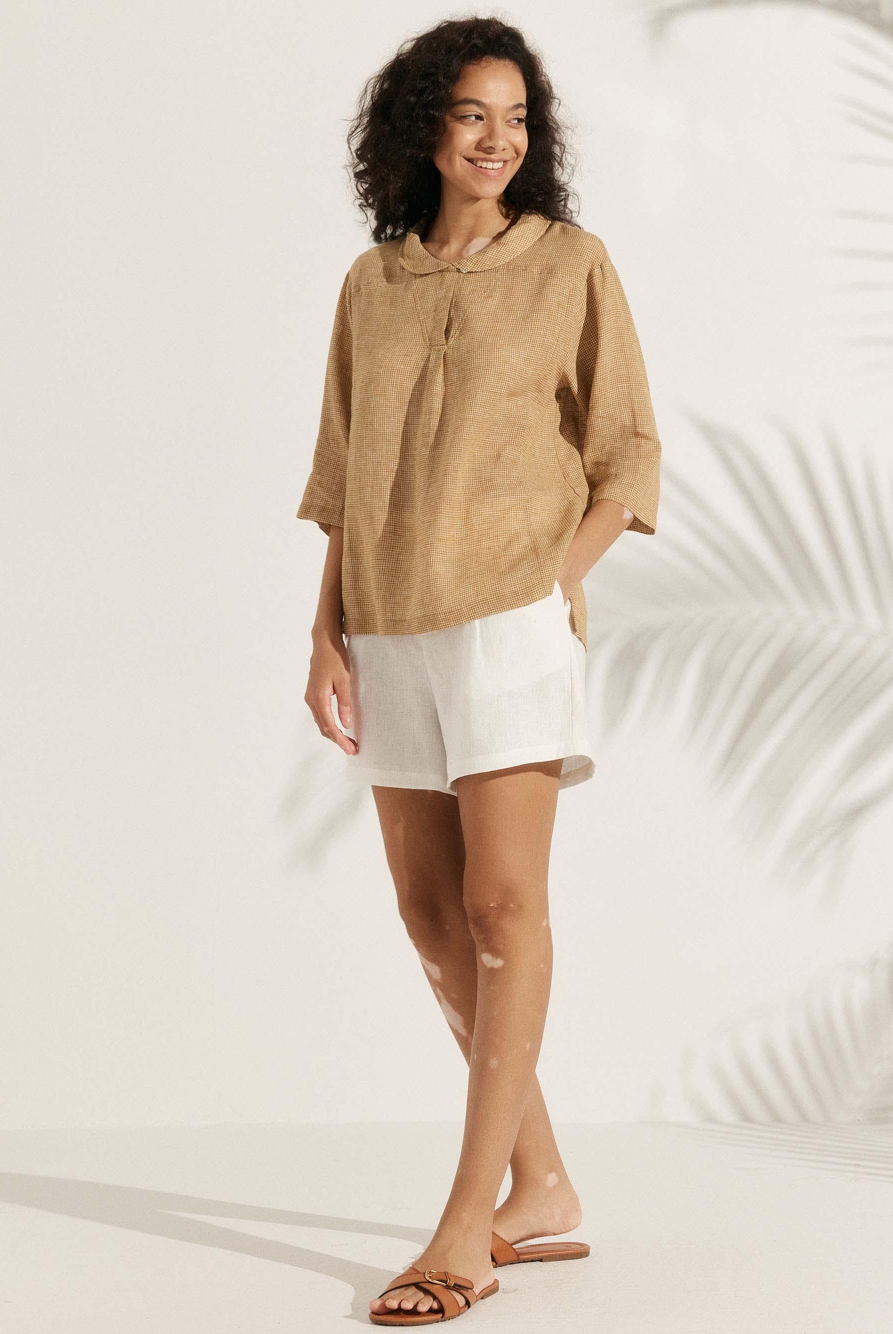 JADE 100% Linen Shawl V-Neck Half Sleeve Top - TOPS-Linen Blouses